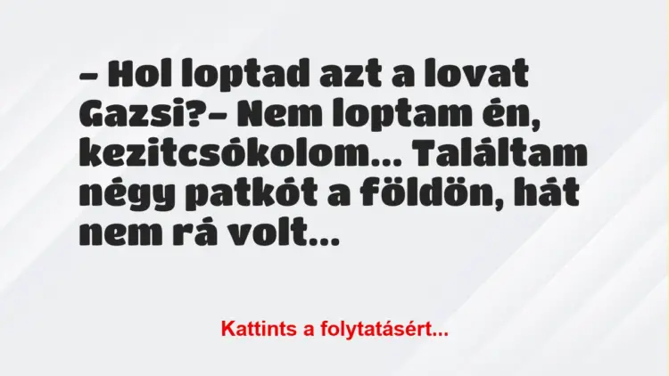 Vicc: – Hol loptad azt a lovat Gazsi?– Nem loptam én, kezitcsókolom……