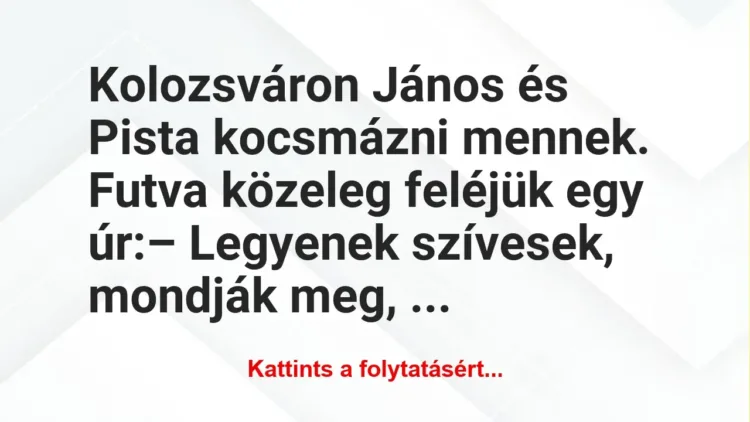 Vicc: Kolozsváron János és Pista kocsmázni mennek. Futva közeleg feléjük egy…