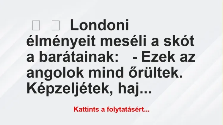 Vicc: 
	    	    Londoni élményeit meséli a skót a barátainak:


– Ezek…