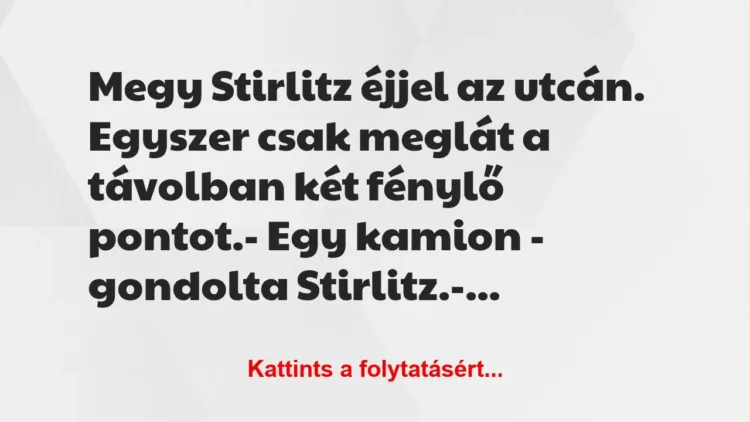 Vicc: Megy Stirlitz éjjel az utcán. Egyszer csak meglát a távolban két…