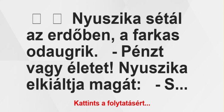 Vicc:
Nyuszika sétál az erdőben, a farkas odaugrik.-…