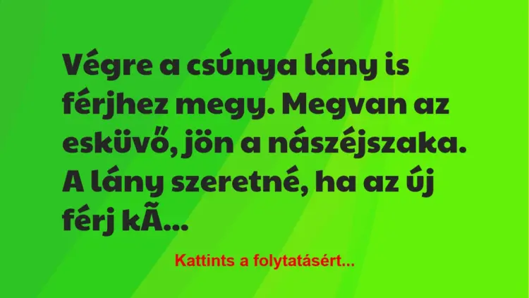 Vicc: Végre a csúnya lány is férjhez megy. Megvan az esküvő, jön a…