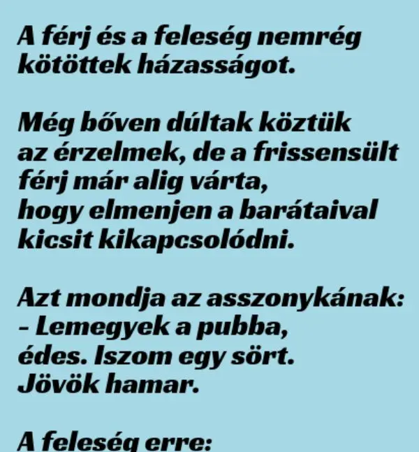 Vicc: A friss házas férj bár szerelmes, de alig várja, hogy kicsit…