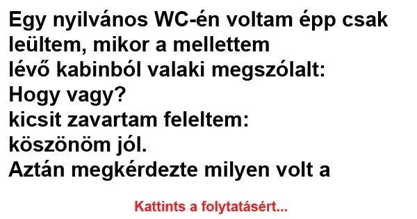 Vicc: Egy nyilvános WC-én voltam épp csak leültem, mikor a mellettem lévő…