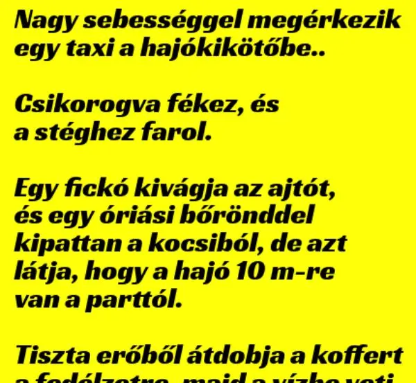 Vicc: Nagy sebességgel megérkezik egy taxi a hajókikötőbe és…