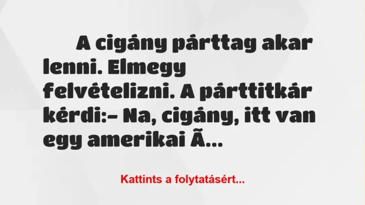 Vicc: 
		  
		  A cigány párttag akar lenni. Elmegy felvételizni….