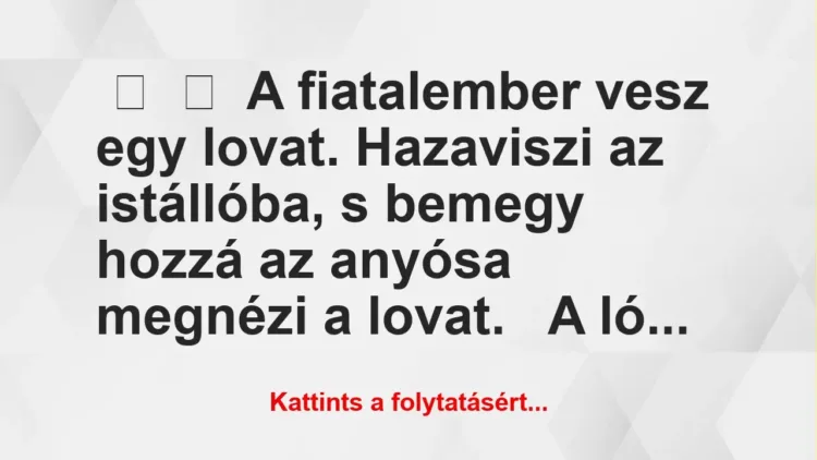 Vicc:
A fiatalember vesz egy lovat. Hazaviszi az istállóba, s…