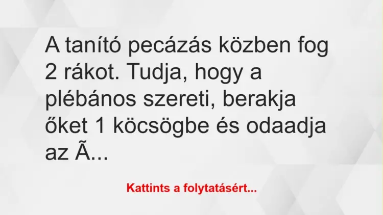 Vicc: A tanító pecázás közben fog 2 rákot. Tudja, hogy a plébános szereti,…