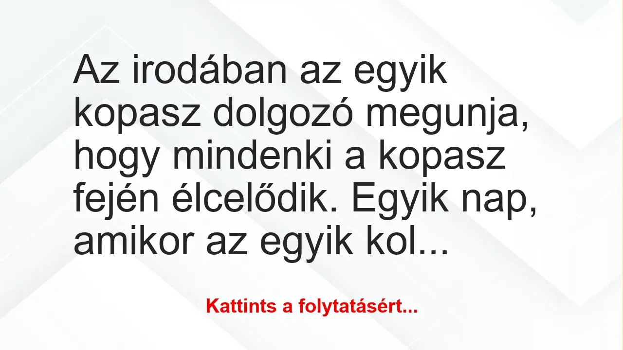 Vicc: Az irodában az egyik kopasz dolgozó megunja, hogy mindenki a kopasz…