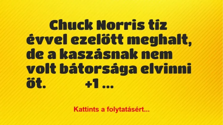 Vicc: 
		  
		  Chuck Norris tíz évvel ezelőtt meghalt, de a…