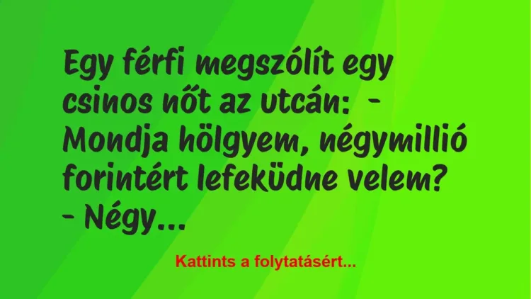 Vicc: Egy férfi megszólít egy csinos nőt az utcán:

– Mondja hölgyem,…