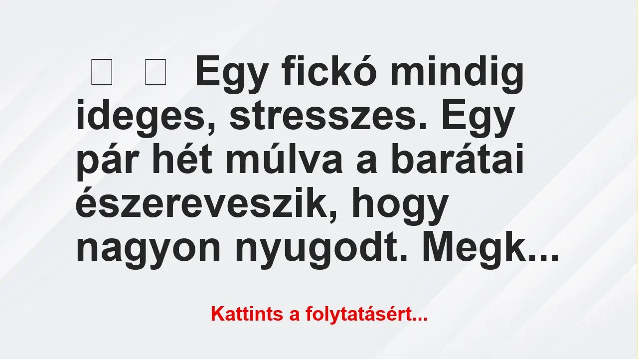 Vicc: 
	    	    Egy fickó mindig ideges, stresszes. Egy pár hét múlva a…