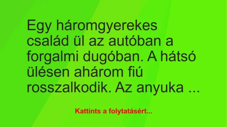 Vicc: Egy háromgyerekes család ül az autóban a forgalmi dugóban. A hátsó…