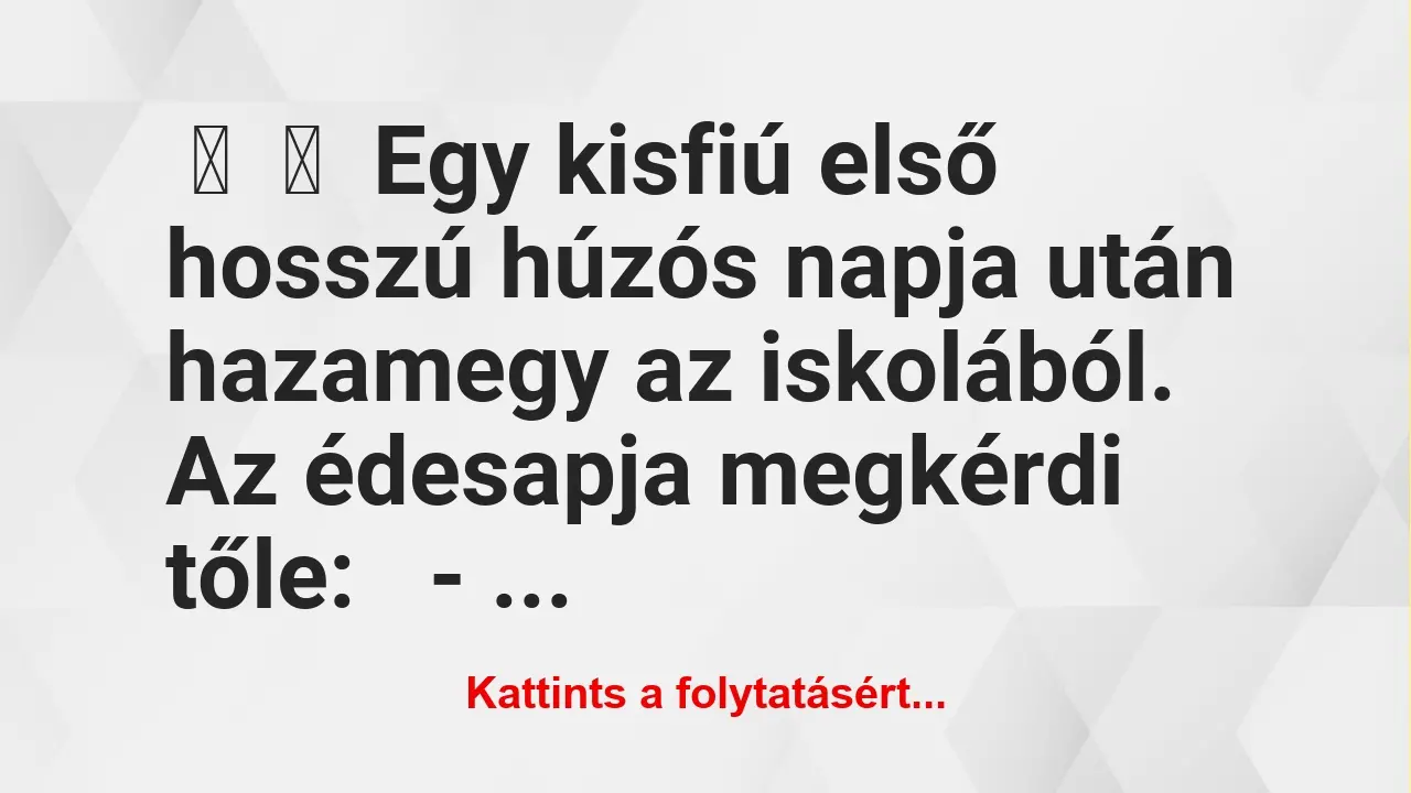 Vicc: 
	    	    Egy kisfiú első hosszú húzós napja után hazamegy az…