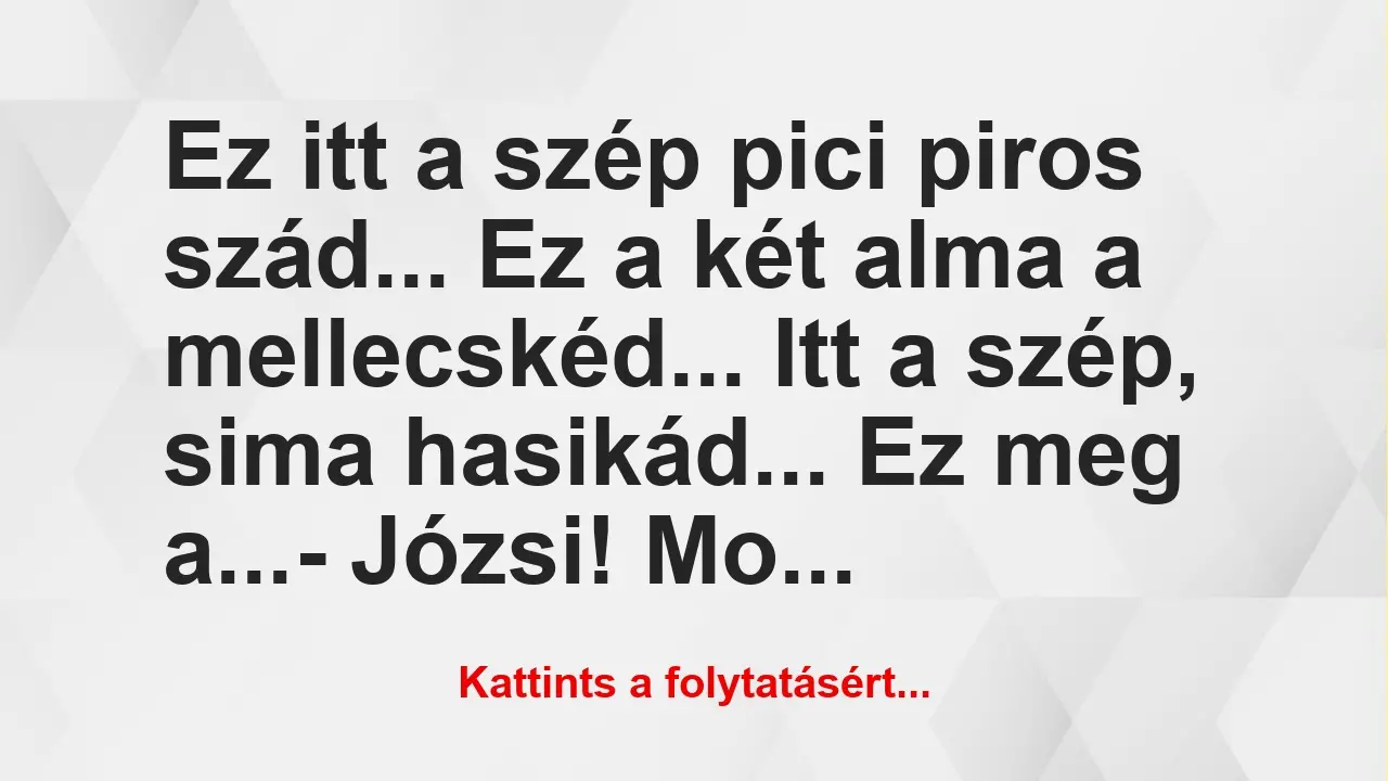 Vicc: Ez itt a szép pici piros szád… Ez a két alma a mellecskéd… Itt a…