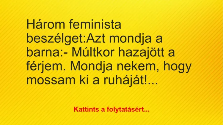 Vicc: Három feminista beszélget:Azt mondja a barna:– Múltkor…