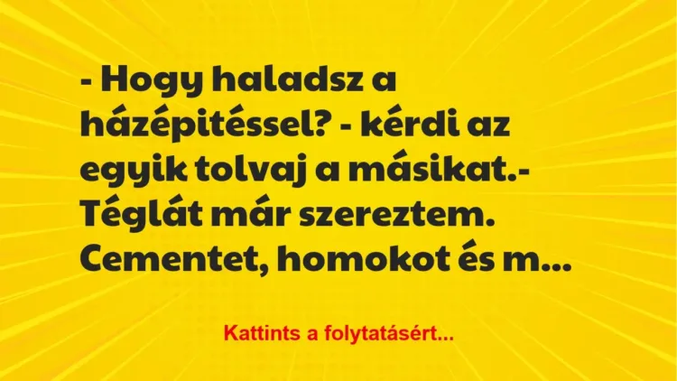 Vicc: – Hogy haladsz a házépitéssel? – kérdi az egyik tolvaj a…