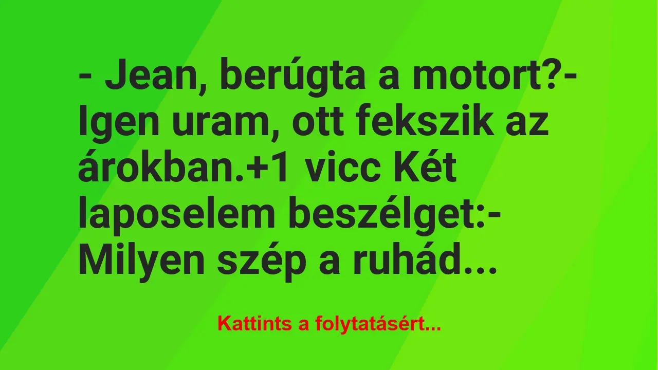 Vicc: – Jean, berúgta a motort?

– Igen uram, ott fekszik az árokban.