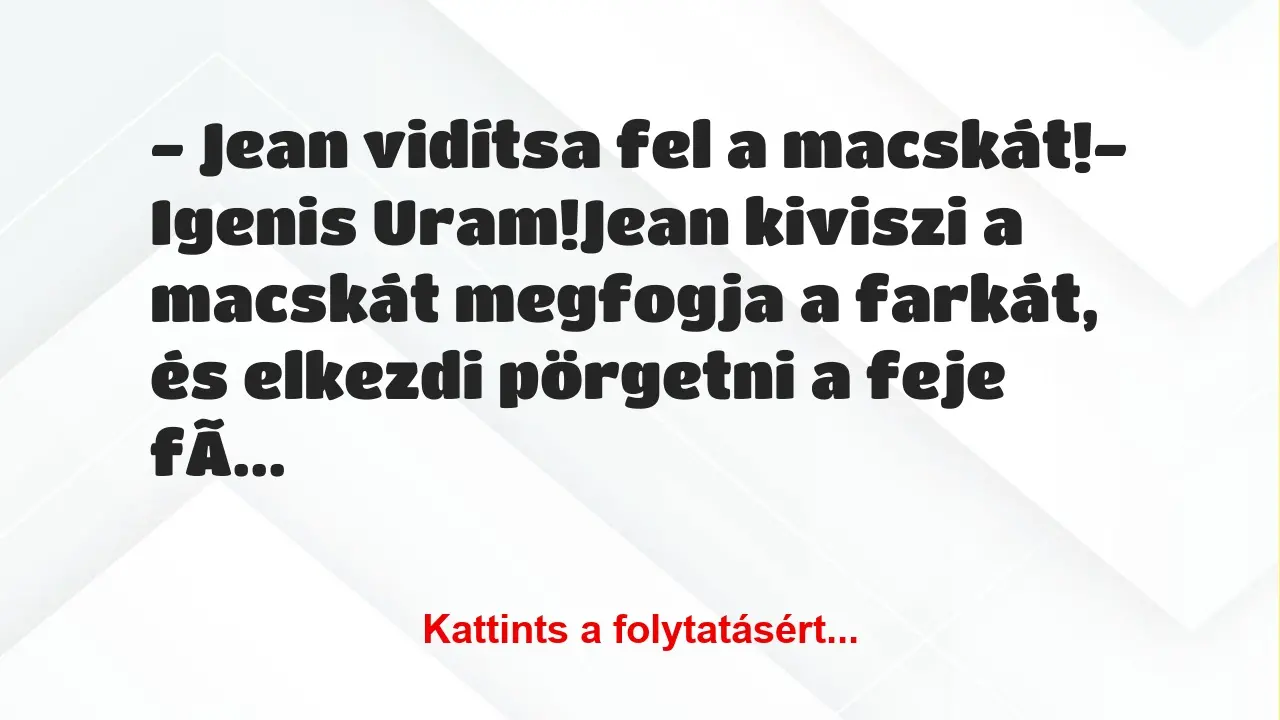 Vicc: – Jean vidítsa fel a macskát!

– Igenis Uram!

Jean kiviszi a…