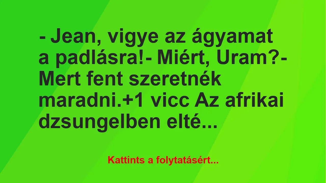 Vicc: – Jean, vigye az ágyamat a padlásra!

– Miért, Uram?

– Mert…