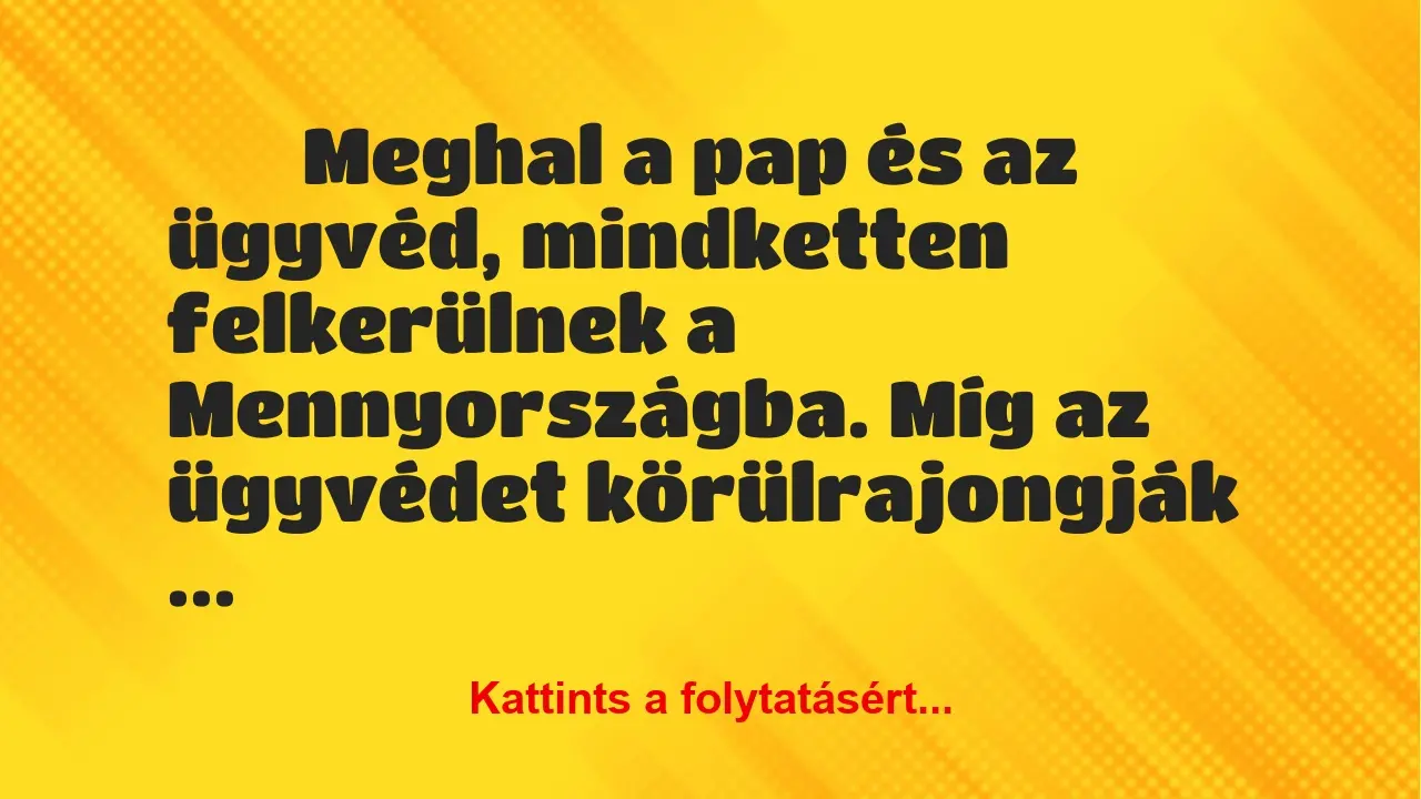 Vicc: 
	    	    Meghal a pap és az ügyvéd, mindketten felkerülnek a…