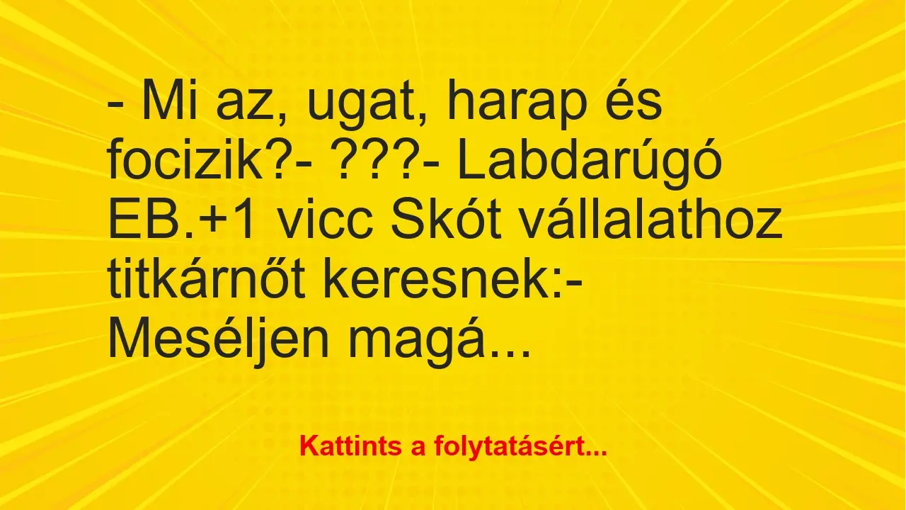 Vicc: – Mi az, ugat, harap és focizik?

– ???

– Labdarúgó EB.