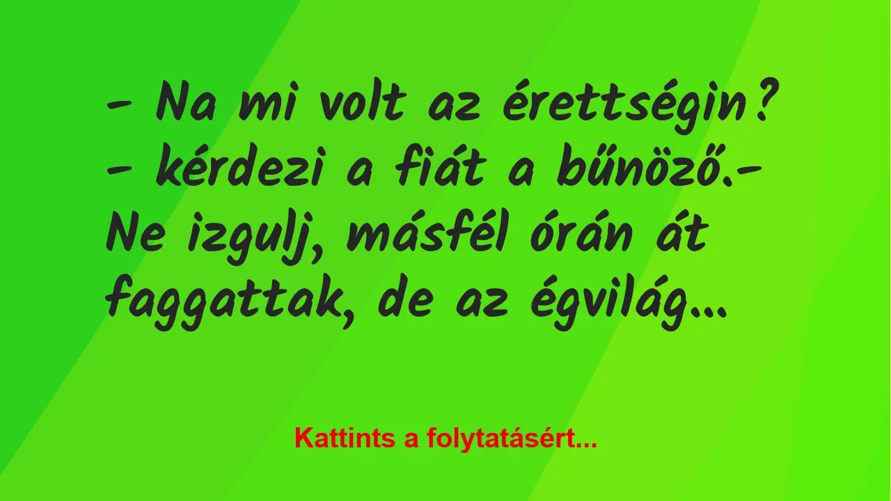 Vicc: – Na mi volt az érettségin? – kérdezi a fiát a bűnöző.

– Ne…