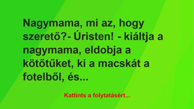 Vicc: Nagymama, mi az, hogy szerető?

– Úristen! – kiáltja a nagymama,…