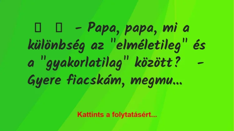 Vicc: 
	    	    – Papa, papa, mi a különbség az “elméletileg” és a…