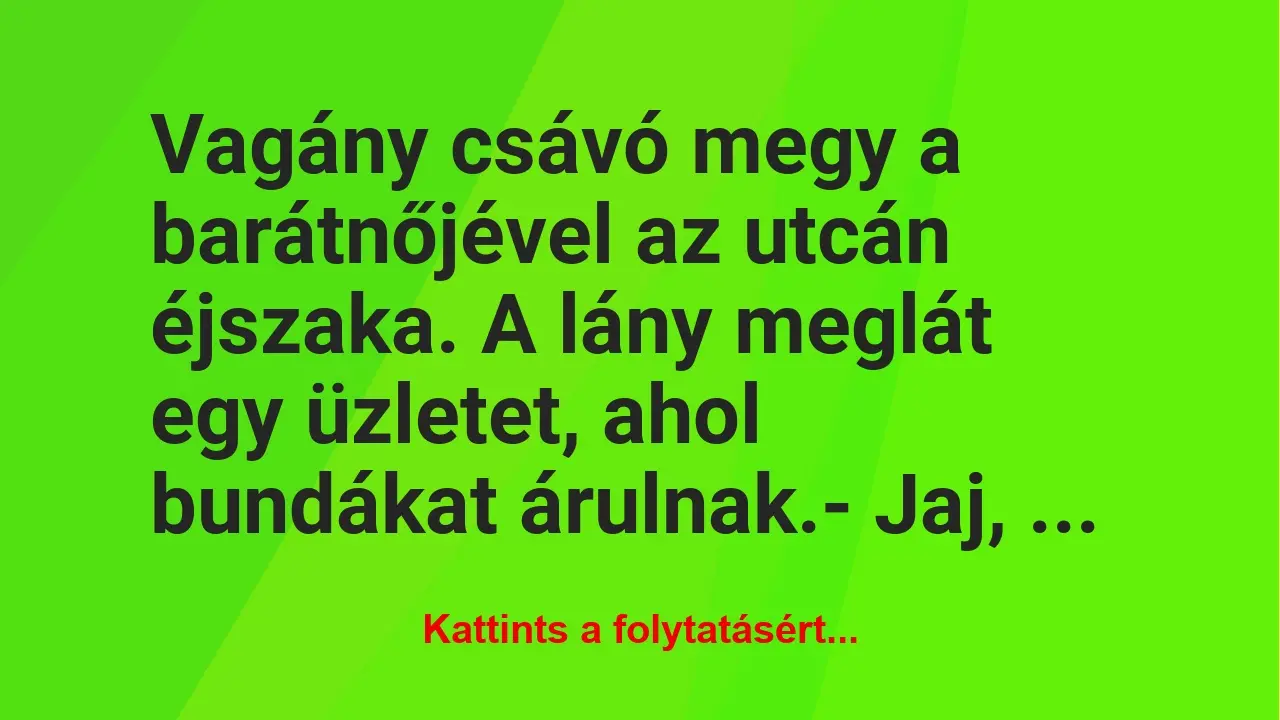 Vicc: Vagány csávó megy a barátnőjével az utcán éjszaka. A lány meglát egy…