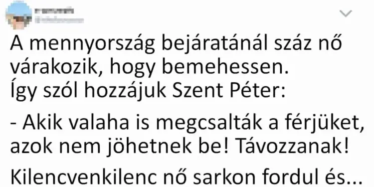 Vicc: A mennyország bejáratánál száz nő várakozik