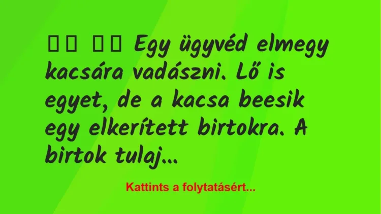 Vicc: 
		  
		  Egy ügyvéd elmegy kacsára vadászni. Lő is egyet, …