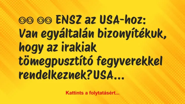 Vicc: 
		  
		  ENSZ az USA-hoz: Van egyáltalán bizonyítékuk,…