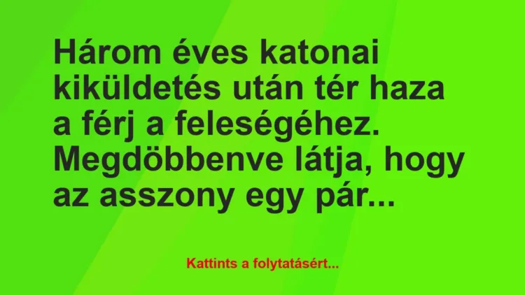 Vicc: Három éves katonai kiküldetés után tér haza a férj a feleségéhez….