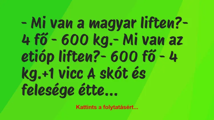 Vicc: – Mi van a magyar liften?– 4 fő – 600 kg.– Mi van az etióp…