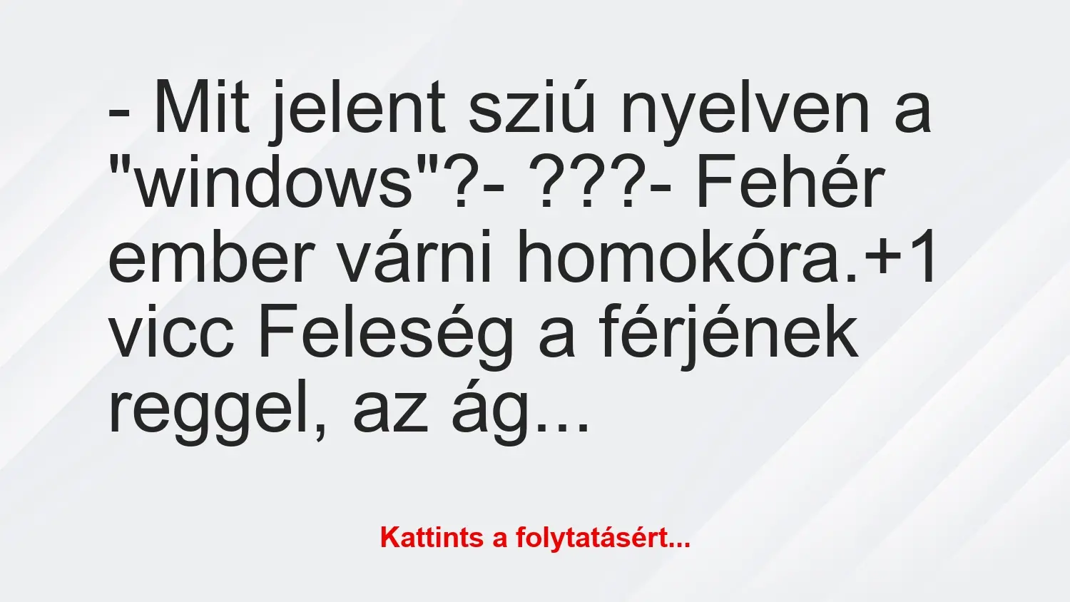 Vicc: – Mit jelent sziú nyelven a “windows”?

– ???

– Fehér ember…