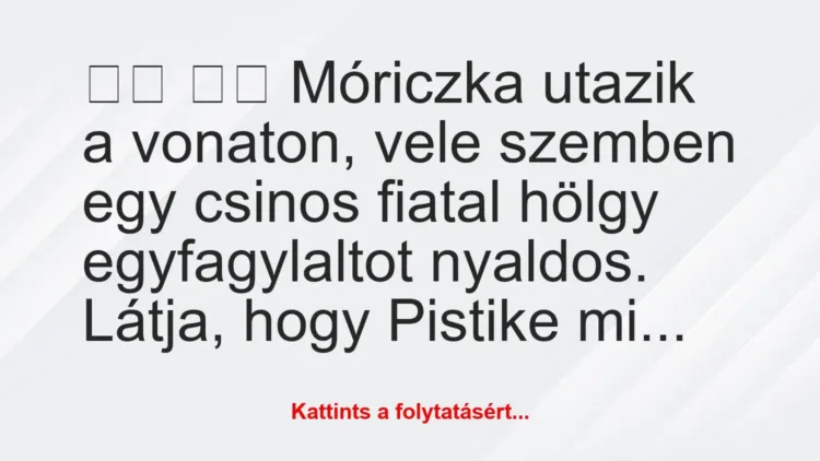 Vicc: 
		  
		  Móriczka utazik a vonaton, vele szemben egy…