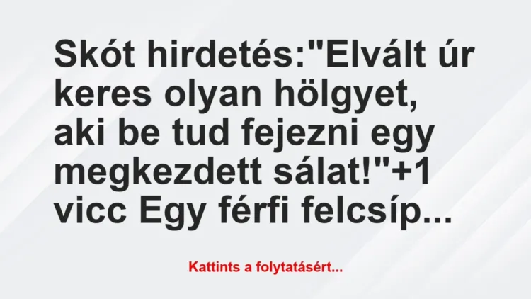 Vicc: Skót hirdetés:

“Elvált úr keres olyan hölgyet, aki be tud fejezni…