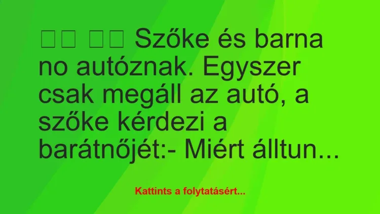 Vicc: 
		  
		  Szőke és barna no autóznak. Egyszer csak megáll a…