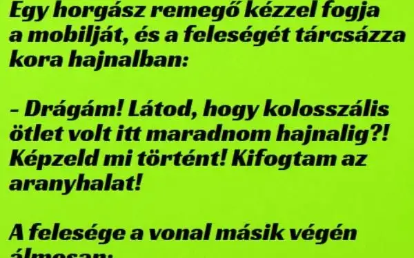 Vicc: Egy horgász remegő kézzel fogja a mobilját, és a feleségét…