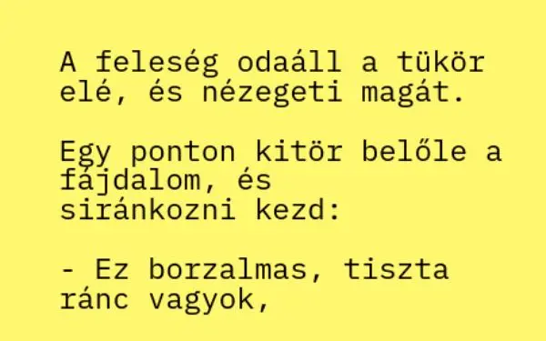 Vicc: A feleség a tükör előtt nézegeti magát. Egy ponton kitör belőle…