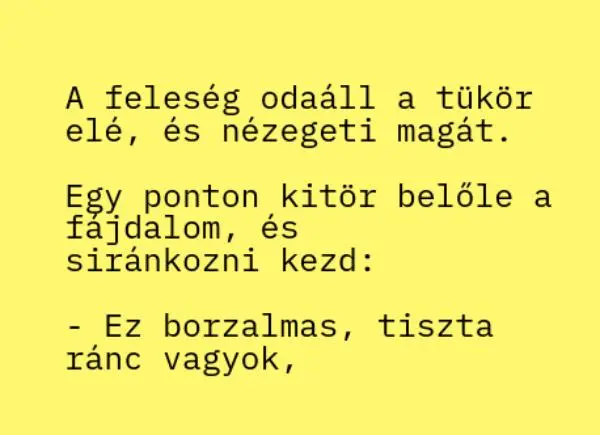 Vicc: A feleség a tükör előtt nézegeti magát. Egy ponton kitör belőle…