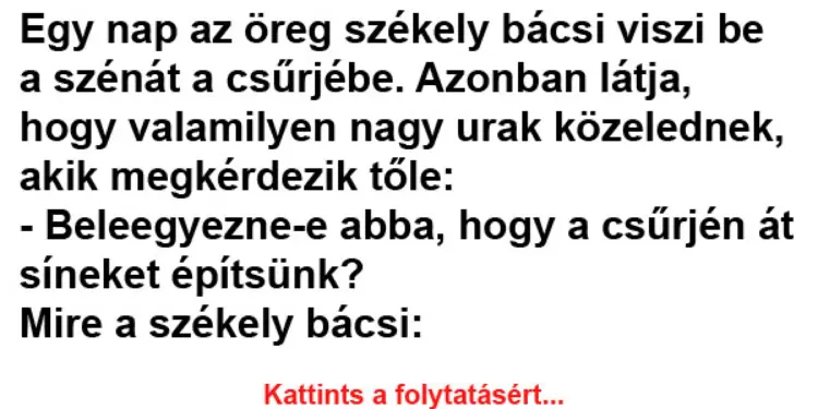 Vicc: Egy nap az öreg székely bácsi viszi be a szénát a csűrjébe