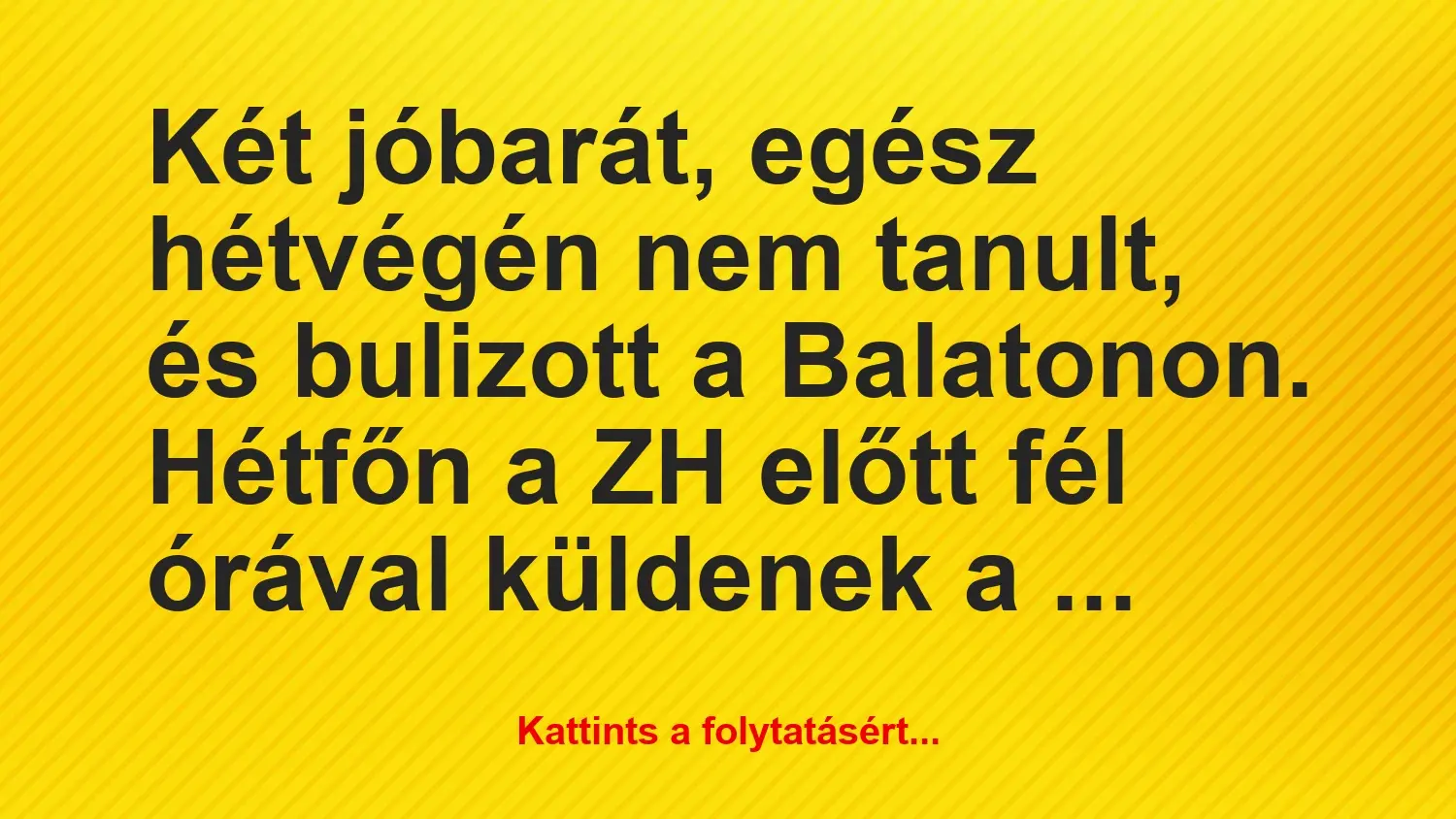 Vicc: Két jóbarát, egész hétvégén nem tanult, és bulizott a Balatonon….