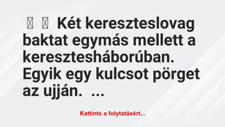 Vicc: 
	    	    Két kereszteslovag baktat egymás mellett a…