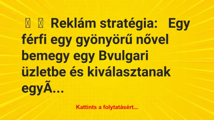 Vicc:
Reklám stratégia:Egy férfi egy gyönyörű nővel…