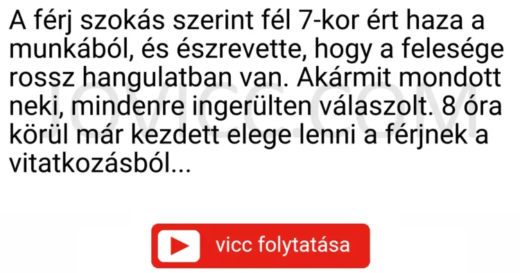 Vicc: A férj szokás szerint fél 7-kor ért haza a munkából