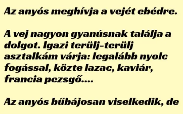 Vicc: Az anyós meghívja a vejét ebédre.  A vej nagyon gyanúsnak…