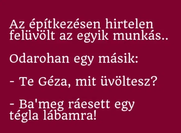 Vicc: Az építkezésen hirtelen felüvölt az egyik munkás..