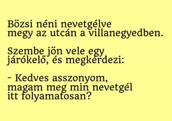 Vicc: Bözsi néni nevetgélve  megy az utcán a villanegyedben